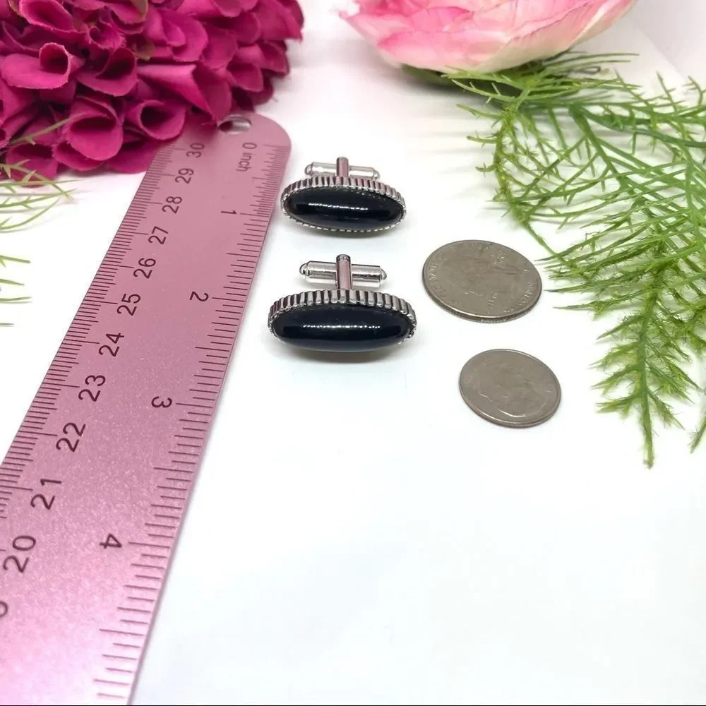 VINTAGE⚜️CUFF LINKS Black Acrylic Detailed Edging - Art Deco Style